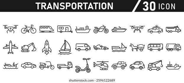 Transportation icon set. Car, bike, plane, train, bicycle, rocket, motorbike, bus, scooter, and truck icons. Icon collection.