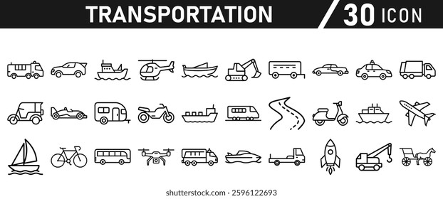 Transportation icon set. Car, bike, plane, train, bicycle, rocket, motorbike, bus, scooter, and truck icons. Icon collection.