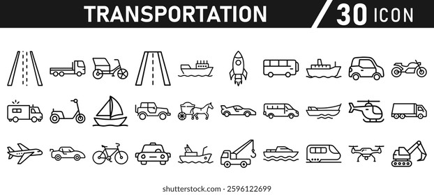 Transportation icon set. Car, bike, plane, train, bicycle, rocket, motorbike, bus, scooter, and truck icons. Icon collection.