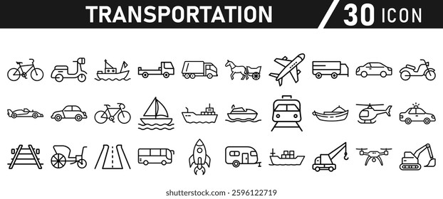 Transportation icon set. Car, bike, plane, train, bicycle, rocket, motorbike, bus, scooter, and truck icons. Icon collection.