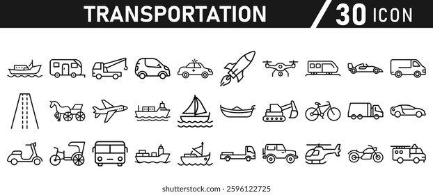 Transportation icon set. Car, bike, plane, train, bicycle, rocket, motorbike, bus, scooter, and truck icons. Icon collection.