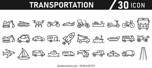 Transportation icon set. Car, bike, plane, train, bicycle, rocket, motorbike, bus, scooter, and truck icons. Icon collection.