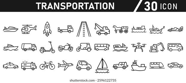 Transportation icon set. Car, bike, plane, train, bicycle, rocket, motorbike, bus, scooter, and truck icons. Icon collection.
