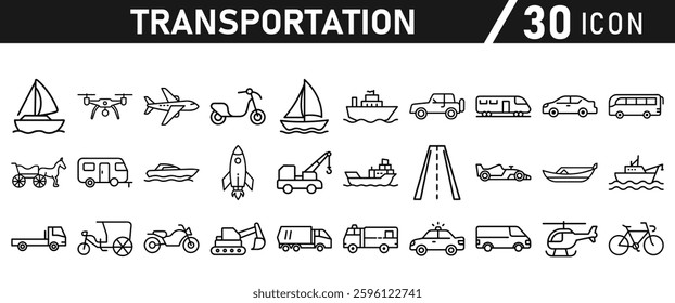 Transportation icon set. Car, bike, plane, train, bicycle, rocket, motorbike, bus, scooter, and truck icons. Icon collection.