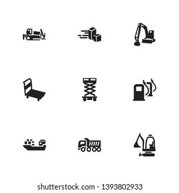 Transportation icon set and cargo ship with express delivery, bulldozer and scissor lift. Fuel related transportation icon vector for web UI logo design.