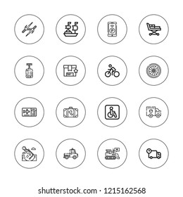 Transportation icon set. collection of 16 outline transportation icons with boarding pass, bulldozer, bike, box, disability, dynamo, parking, scooter, ship, stretcher icons.