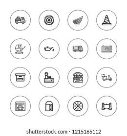 Transportation icon set. collection of 16 outline transportation icons with bicycle, cargo, box, cone, control tower, delivery truck, garage, harvest, honda, industry icons.