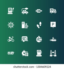 transportation icon set. Collection of 16 filled transportation icons included Tower bridge, Gas station, Oil, Bus, Submarine, Shuttle, Trailer, Bicycle, Parking, Footprint, Conveyor