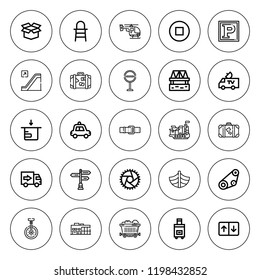 Transportation icon set. collection of 25 outline transportation icons with baby chair, belt, boat, bridge, cargo ship, coal, elevator, delivery truck icons. editable icons.