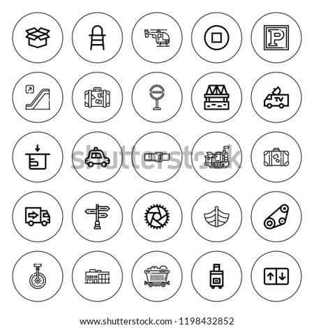 Transportation icon set. collection of 25 outline transportation icons with baby chair, belt, boat, bridge, cargo ship, coal, elevator, delivery truck icons. editable icons.