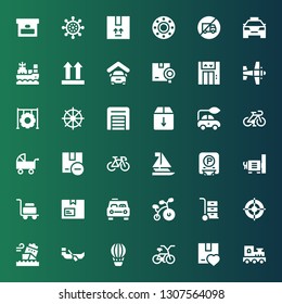 transportation icon set. Collection of 36 filled transportation icons included Train, Package, Bicycle, Hot air balloon, Boat, Ship, Helm, Wheelbarrow, Taxi, Luggage, Dynamo, Parking
