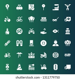 transportation icon set. Collection of 36 filled transportation icons included Delivery truck, Blade, Luggage, Boat, Traffic cone, Pedal, Bus, Worldwide, Quad, Airplane, Route