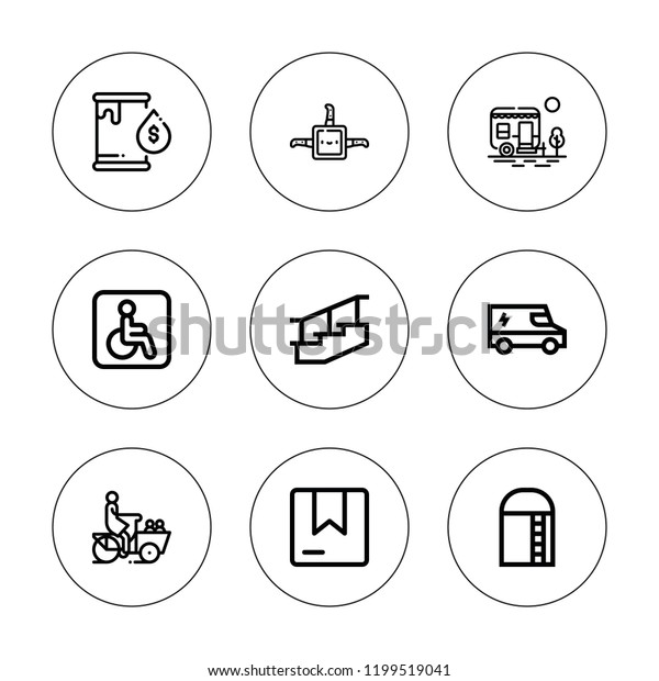 Transportation icon set. collection of 9\
outline transportation icons with bicycle, box, caravan,\
disability, fuel, harvest, stairs icons. editable\
icons.