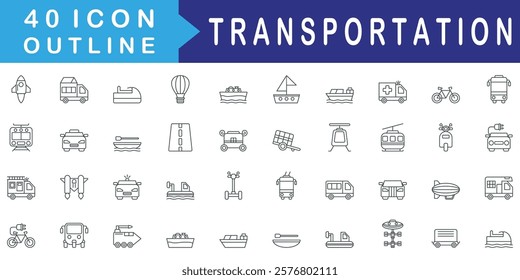 Transportation icon set collection. Consist of Rocket, Truck, Jet Ski, Air Balloon, Boat, Ambulance, Bicycle. Simple vector outline illustration.