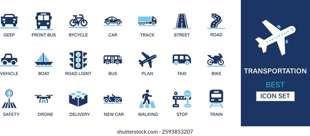 Transportation icon set collection. Geep, bicycle, car, track, street, road, vehicle, boat, bus, plan, safety, drone, delivery, walking, stop. And solid icons.