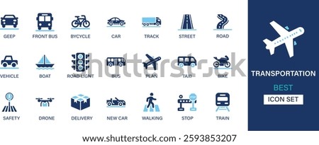 Transportation icon set collection. Geep, bicycle, car, track, street, road, vehicle, boat, bus, plan, safety, drone, delivery, walking, stop. And solid icons.
