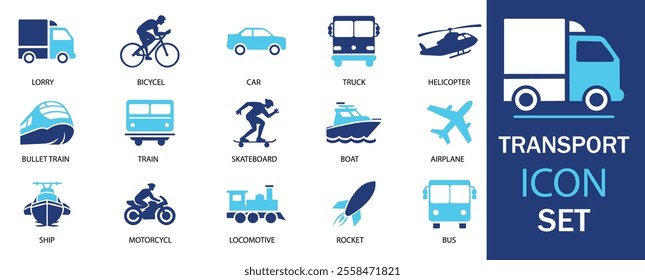 Transportation icon set.  Containing concrete, trolley bus, well drilling truck, train, school bus, delivery bike, delivery truck, sleigh, mine cart. Duotone color. Vector illustration.