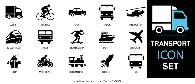 Transportation icon set.  Containing concrete, trolley bus, well drilling truck, train, school bus, delivery bike, delivery truck, sleigh, mine cart. Duotone color. Vector illustration.