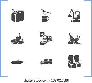 Transportation icon set and digger with ship by train, asphalt paver and aircraft. First aid car related transportation icon vector for web UI logo design.
