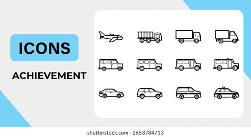 Transportation Icon Set Diverse Collection of Vehicles Including Airplane Trucks Vans Cars and Emergency Services for Web and Mobile Applications