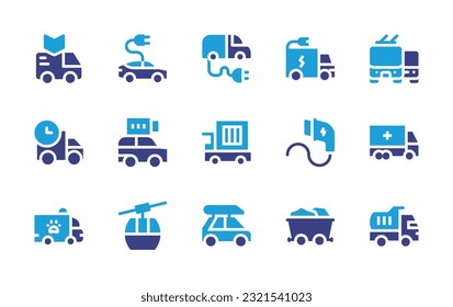 Transportation icon set. Duotone color. Vector illustration. Containing van, electric car, electric, truck, public transport, delivery truck, pushcart, charger, delivery, ambulance, cable car, roof.