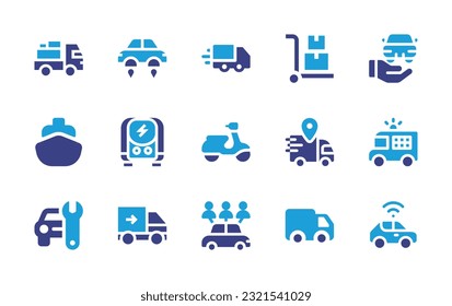 Transportation icon set. Duotone color. Vector illustration. Containing delivery truck, car, packing, ships, electric transport, scooter, prisoner transport vehicle, car repair, truck, sharing, cargo.