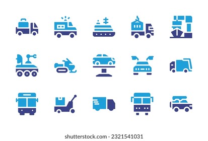 Transportation icon set. Duotone color. Vector illustration. Containing luggage, prisoner, transatlantic, delivery truck, harbor, moon rover, snowmobile, car, garbage truck, bus, logistics, delivery.