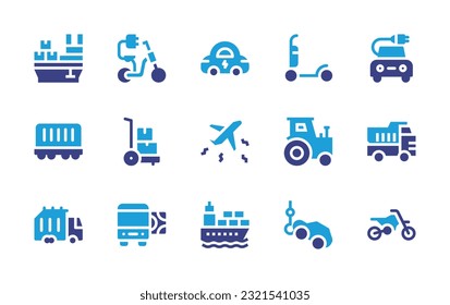 Transportation icon set. Duotone color. Vector illustration. Containing cargo, electric bike, electric car, electric scooter, freight wagon, trolley cart, airplane, tractor, truck, garbage truck, bus.
