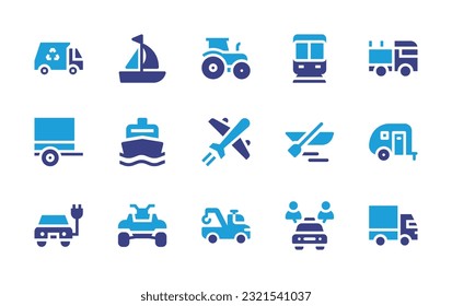 Transportation icon set. Duotone color. Vector illustration. Containing recycling truck, sailboat, tractor, subway, truck, trailer, ship, airplane, boat, camper, car, quad, tow truck, sharing, lorry. 