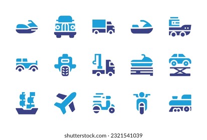 Transportation icon set. Duotone color. Vector illustration. Containing jet ski, car, delivery truck, boat, unicycle, crane, car lift, ship, plane, scooter, motorcycle, train. 