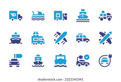 Transportation icon set. Duotone color. Vector illustration. Containing delivery, speed boat, delivery truck, boat, gift, airplane, all terrain, plane, low battery, ship, electric car, electric.