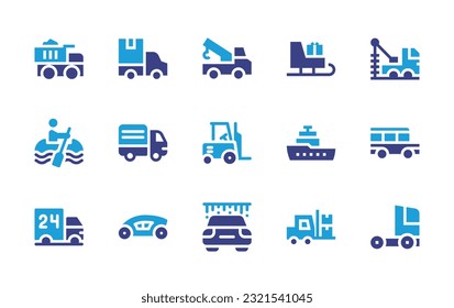 Transportation icon set. Duotone color. Vector illustration. Containing truck, tow truck, sleigh, well drilling truck, canoe, van cargo, forklift, boat, jeepney, delivery truck, futuristic, car wash.