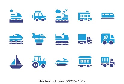 Transportation icon set. Duotone color. Vector illustration. Containing jet ski, jeep, bus, train, jet, water scooter, delivery truck, truck, boat, tractor, wagon, transportation. 