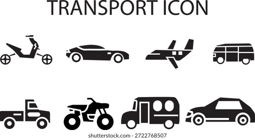 Conjunto de iconos de Transporte con scooter, automóvil, avión, autobús, camión, motocicleta, caravana y siluetas de sedán.