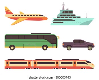 Transportation icon set in flat style.  Illustrations vehicles for travel and tourism. Plane, ship, bus, car and train