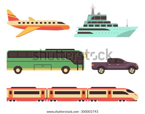 フラットスタイルの輸送アイコンセット 旅行や観光のためのイラスト 飛行機 船 バス 車 電車 のベクター画像素材 ロイヤリティフリー
