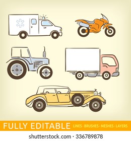 Transportation icon set include: Ambulance, Motorbike, Tractor, City delivery car, Old luxury car