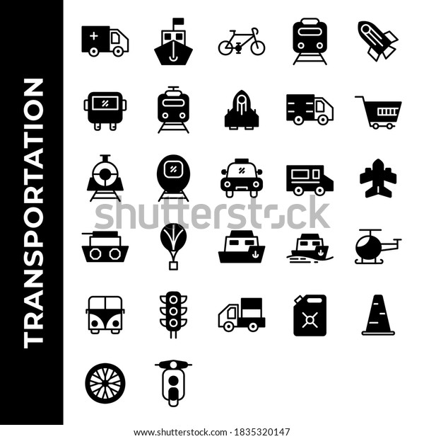 Transportation
icon set include ambulance, ship, bicycle, vehicle, rocket, bus,
vehicle, truck, cart, vehicle, taxi, travel, plane, tank, balloon,
ship, helicopter, traffic light,
wheels