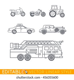 Transportation icon set include Fire truck Old luxury car Taxi Tractor Cruiser motorbike and Sport motorcycle. Editable vector graphic in linear style.