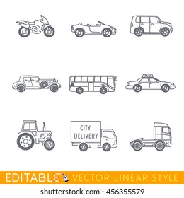 Transportation icon set include Semi truck Van Minivan Old luxury car Taxi Tractor Cabriolet and Sport motorcycle. Editable vector graphic in linear style.