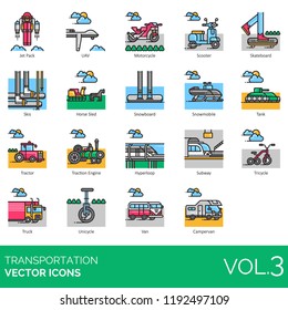 Transportation icon set. Jet pack, uav, motorcycle, scooter, skateboard, skis, horse sled, snowboard, snowmobile, tank, tractor, engine, hyperloop, subway, tricycle, truck, unicycle, campervan.