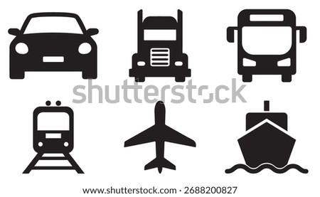 Transportation Icon Set – Line and Solid Vehicle Symbols Including Car, Bus, Train, Bicycle, Airplane,
 and Travel Elements