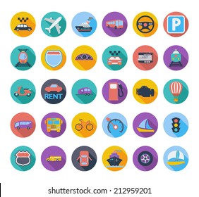 Transportation icon set with long shadow. Vector illustration.