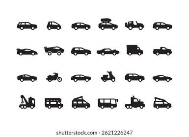 Transportation Icon Set. Pixel Perfect. Contains such icons as Icon Symbol, Vehicles, Semi-Truck, Fuel Truck, Mode of Transport, Bus, Electric Car