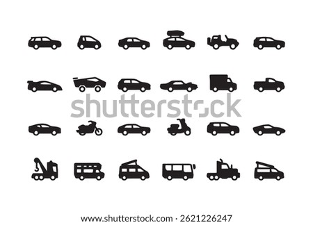 Transportation Icon Set. Pixel Perfect. Contains such icons as Icon Symbol, Vehicles, Semi-Truck, Fuel Truck, Mode of Transport, Bus, Electric Car