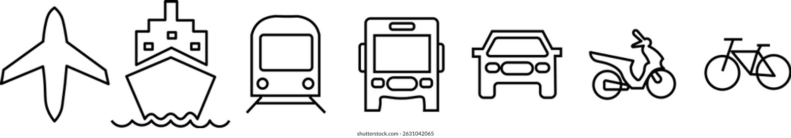 Transportation icon set. Public Transport Pictogram. Railway, Air Transportation, Car, Bus, Train, Metro, Ship, Plane Symbol Collection.
