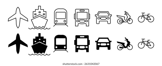 Transportation icon set. Public Transport Pictogram. Railway, Air Transportation, Car, Bus, Train, Metro, Ship, Plane Symbol Collection.
