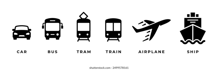 Transportation icon set. Transport symbol collection. Cargo vehicles vector illustration. Car, bus, tram, train, airplane and ship isolated concept. Flat black transportation icon set isolated.