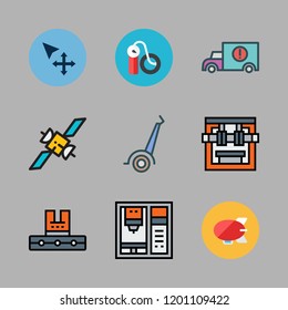 transportation icon set. vector set about industrial robot, van, air pump and move icons set.