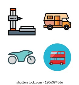transportation icon set. vector set about motorcycle, caravan, industrial robot and bus icons set.